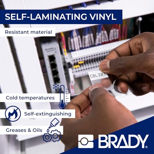 Image of Brady Authentic (M5-33-427) Self-Laminating Vinyl Wrap Around Labels 4 inch H x 1.5 inch W Black on White, Clear, 70 Labels. for use with the BMP51 and M511 Label Printers