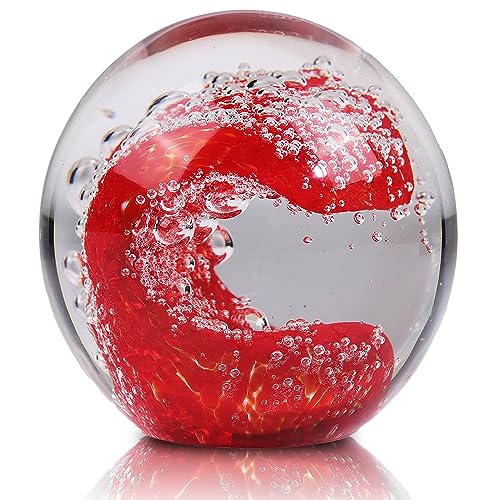 WUBIANJIE Red Ocean Waves Glass Ball Hand-Blown Desk Paperweight, Ideal for Home Beach Decor, Aquariums & Ocean-Themed Office Spaces