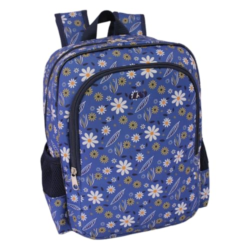 Mochila Escolar Floral Azul com Estampa de Flores e Folhas, MO3208