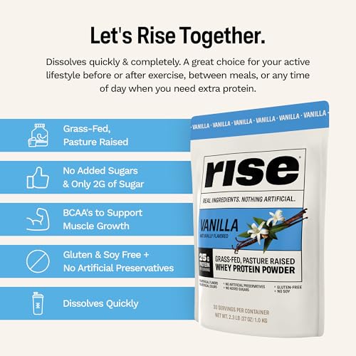 Image of Rise Grass-Fed Whey Protein Powder - Vanilla | 25g Protein No Artificial Flavors, Colors, or Preservatives - Sugar Free, Gluten-Free, Soy Free (Single Serving, 1 Pack)