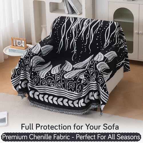 Image of HOKIPO Printed 320 GSM Chenille Sofa Cover Throw Blanket for 1 Seater Sofa - All Season, 'Serene Abode Series' Black Fern Tribal (180x180 cm) (AR-6631-D4)