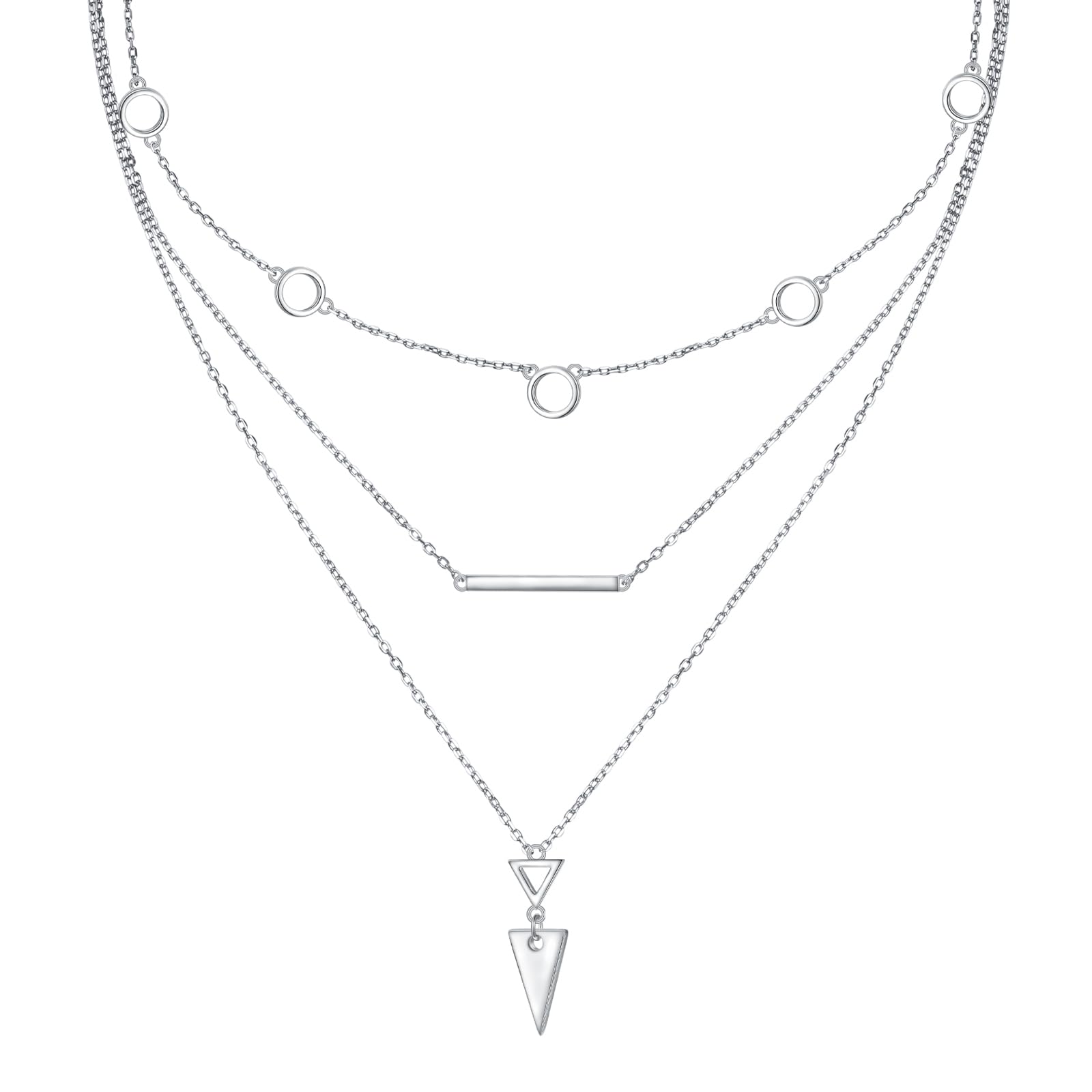 DAOSHANGSterling Sliver Layered Necklaces for Women, Minimalism Long Triple/Opal Double Choker Pendant Necklace for Girl Women, Multilayer Circle Necklace