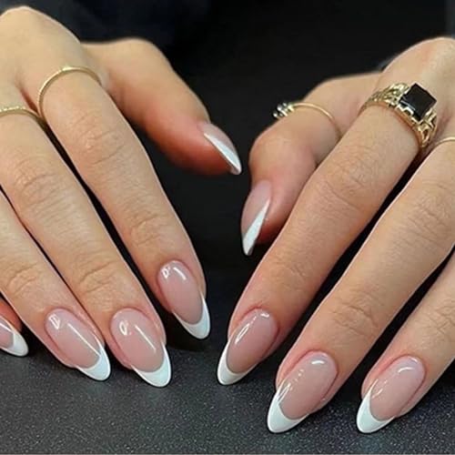 24 Pièces Faux Ongles Français Court Amande Ballerine Couverture Complète Acrylique Capsules Ongles Ovale Naturel Ongles à Coller pour Femmes et Filles 12 Tailles (Nude Blanc)