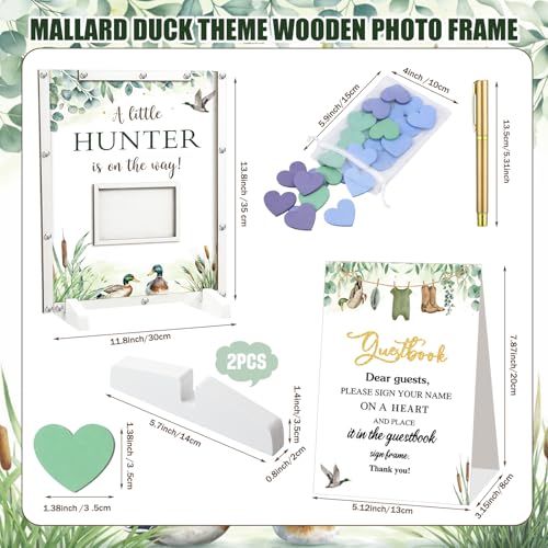Image of Beeveer 65 Pcs Mallard Duck Baby Shower Guest Book Alternatives He or She Gender Reveal Baby Shower Decorations Animal Sign in Guest Book with Picture Frame and 60 Wooden Chip