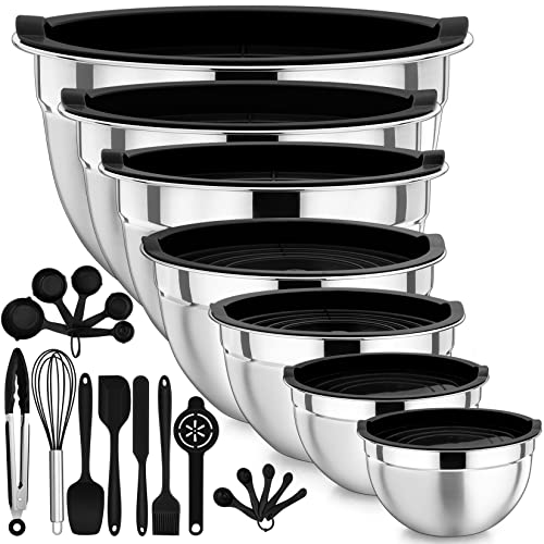 P&P CHEF Mixing Bowls with Lids Set of 7, Stainless Steel Nesting Salad Serving Bowls with 17Pcs Kitchen Tools for Prepping, Cooking, Storing, Sizes- 0.7, 1, 1.5, 2, 2.6, 4.6, 7 Qt - Black