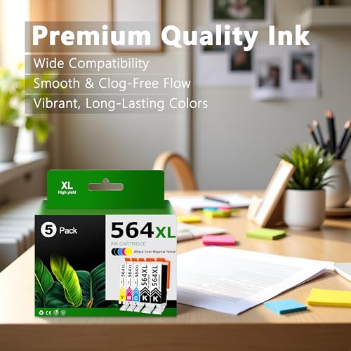 Image of 564XL High-Yield Ink Cartridge Compatible with HP DeskJet 3520, 3522, 3525; OfficeJet 4620, 4622; PhotoSmart 5510, 5520, 6520, 7510 (5-Pack, 2 Black, Cyan, Magenta, Yellow)