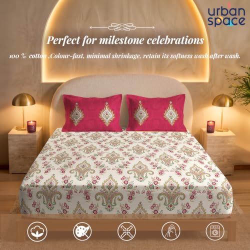 Image of Urban Space Festive Gift Set - 100% Cotton Double Bedsheet with 2 Pillow Covers & Scented Soy Wax Candle, Premium Gift Box, Motif Red, Diwali, Housewarming & Festive Home Decor Gift