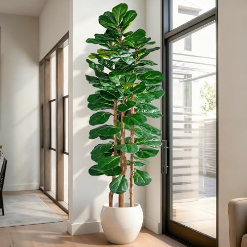 Image of Artificial Fiddle Leaf Fig Tree 6FT, Faux Fig Tree Indoor with Natural Wood Trunk & Realistic Leaves with Moss Pot Fake Ficus Tree Large Faux Floor Plant for Living Room Home Decor, House Plant
