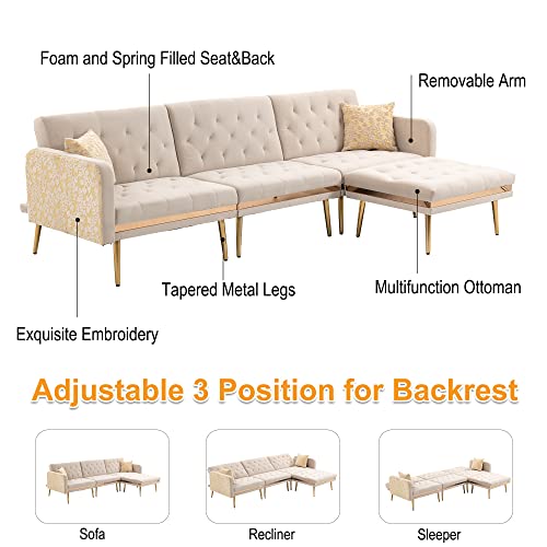 Pvillez Sectional Sofa Futon Sofa Bed Convertible Sleeper Sofa Couch W/Chaise Lounge,Ottoman L-Shape Convertible Couches For Living Room Button Tufted Back Velvet Couch W/Golden Legs #TOP4