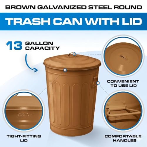 Image of Plexon 13 Gallon Metal Trash Can with Lid Outdoor Vintage Trash Can Steel Retro Garbage Can for Kitchen Farmhouse Rustic Bird Seed Storage Pet Food Cute Bucket, Brown 2 Pack