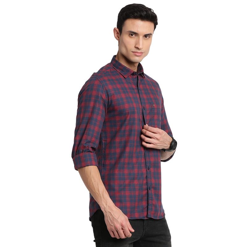 Image of Turtle Men 100% Cotton Navy Blue Checkered Slim Fit Full Sleeve Casual Shirt
