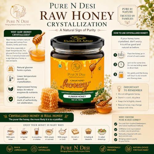 Image of PURE N DESI Ajwain Honey 500g | Raw Unfiltered Honey in Glass Jar | Raw, unfiltered Ajwain Honey in a premium glass jar with naturally rich aroma and authentic floral taste