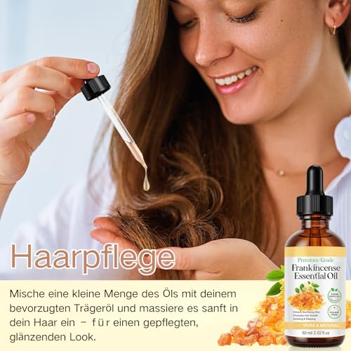 Weihrauchöl Bio für Haut - Frankincense Oil - Ätherische Öle Naturrein - Reines Weihrauch Öl - Frankincense Essential Oil Organic - Duftöl für Hautpflege, Aromatherapie, Haarpflege, Massage, Bad, 60ml