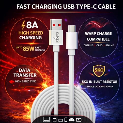 Image of 85W Fast Charging USB A to Type C Cable, 8A High Speed Charging & Data Sync Cable, Premium TPE USB C Charger Cable, Reinforced Connectors, 1 Meter, Compatible with USB Type-C Smartphone, White