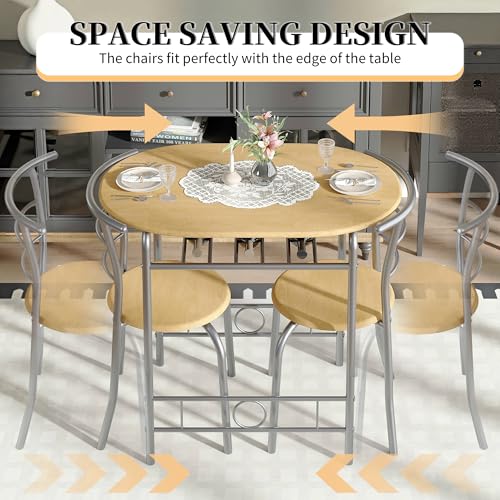 Image of VECELO 3-Piece Dining Table Set for Kitchen Breakfast Nook, Wood Grain Oval Tabletop and Metal Frame with Built-in Wine Rack, for Small Spaces, Natural & Silver