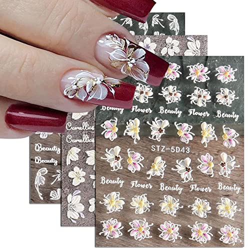 Flower Nail Art Stickers Acrylic 5D Hollow Exquisite Pattern Nail Decals Nails Art Supplies Gradient Pink White Floral Lace Manicure Nail Art Decoration Self-Adhesive Nails For Women Girls(4 Sheets) #TOP14
