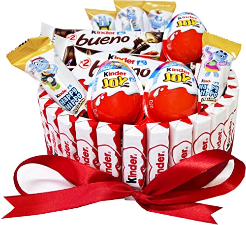 Tarta de Chocolate Kinder. Contiene 30 Barritas Kinder Chocolate, 3 Kinder Joy, 5 Kinder Hippo y 4 Kinder Bueno. Regalo de Cumpleaños Original. Tarta de Chuches Kinder. Tarta Cumpleaños Kinder Cover