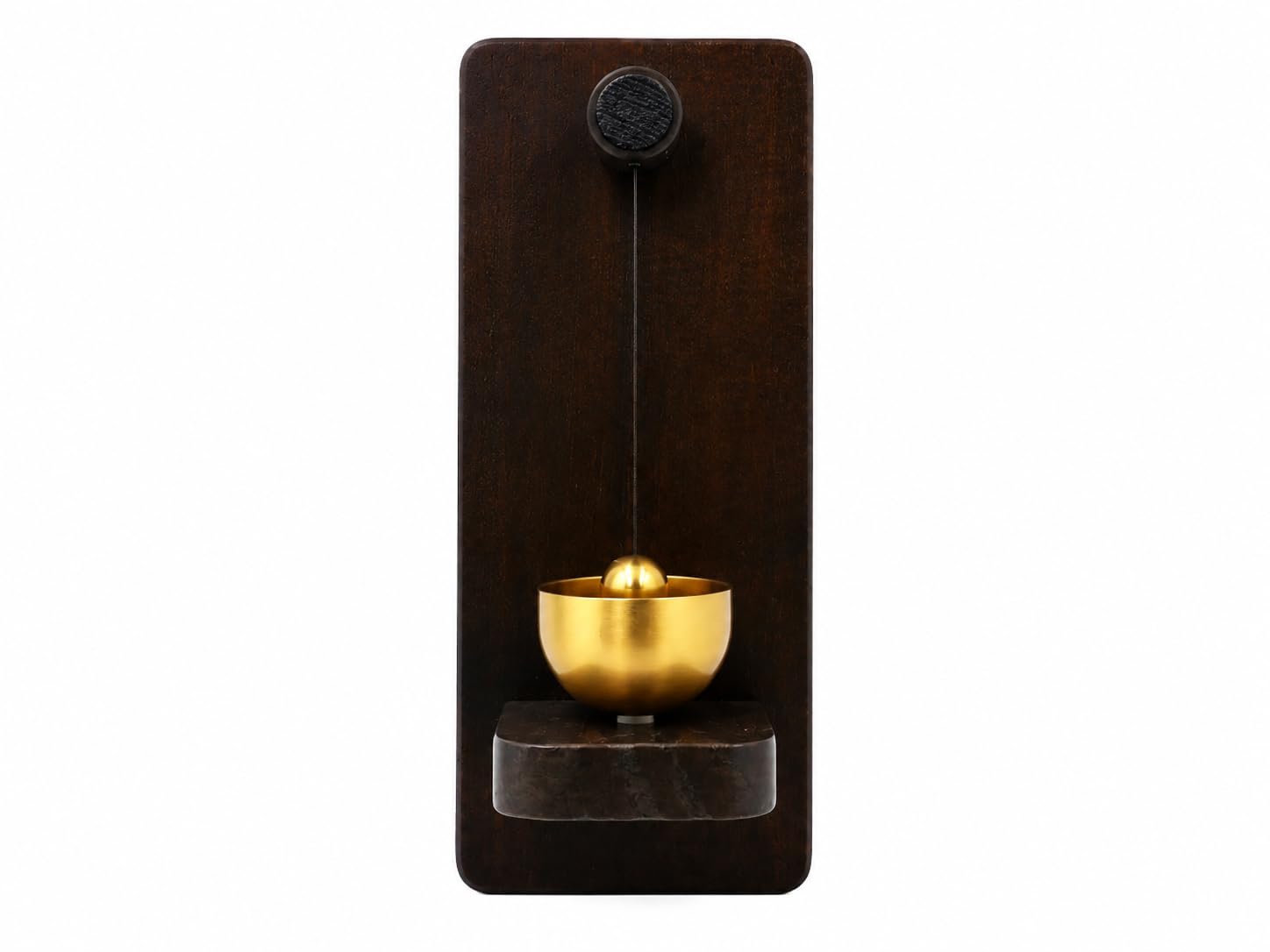 Wall Mounted Brass Bell with Wooden Shelf | Dark Wood Backboard, Gold Brass Bowl, Pendulum Design, Wall Mountable, Mindfulness Decor-image-29