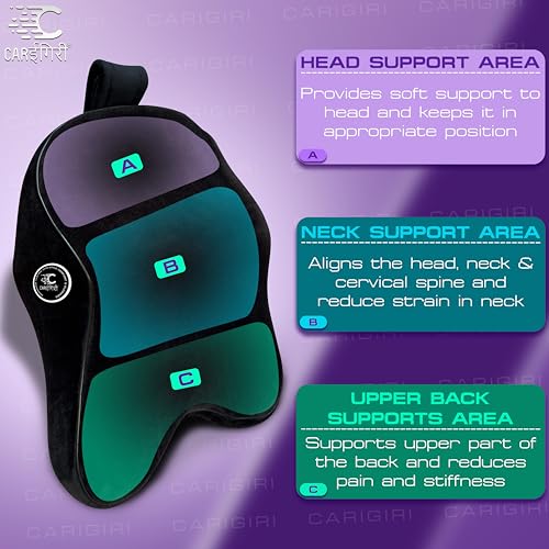 Image of Carigiri Cradle Car Neck Rest Cushion|1 Year Warranty| Memory Foam Neck Pillow| Seat Headrest Cushion| Car Neck Pillow for Neck Pain Relief in Office, Driving(Large+,Black,Black Hemming,Pack of 1)