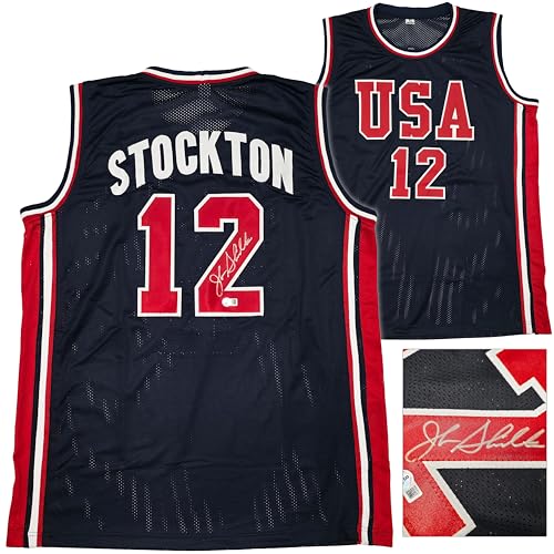 Team USA John Stockton Autographed Blue Jersey Beckett BAS Witness