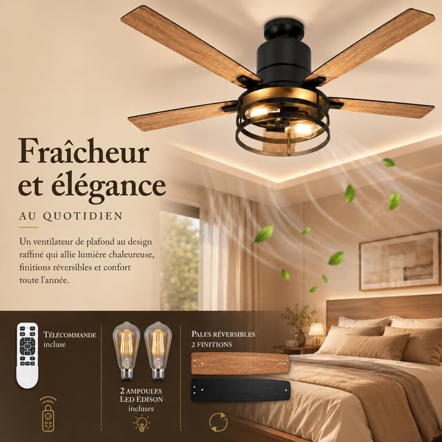 Rosnek Ventilateur Plafond avec Lumière et Télécommande, Ventilateur Silencieux en Cage 132 cm, 6 Vitesses & Minuterie, Moteur DC Réversible, 5 Pales en Bois Réversibles pour Chambre Salon Terrasse