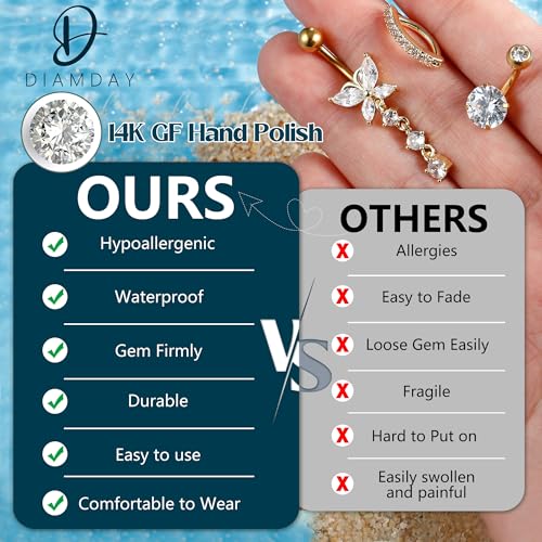 CASSIECA 10Pcs Gold Belly Button Piercing Ring-Surgical Steel CZ Heart Navel Belly Rings for Women Dangle Short Clicker Navel Piercings Cute Summer Jewelry 14G3