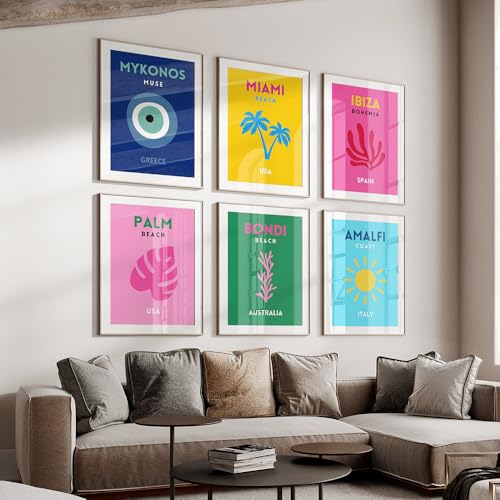 Sfwarmart Preppy Color Travel Posters Miami Bondi Palms Ibiza Mykonos Amalfi Art Print Minimalist Nordic Canvas Painting Living Room Decor 12x16inchx6pcs unframed