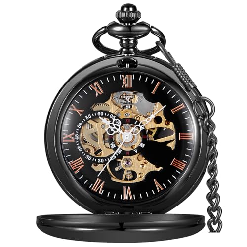 Alwesam Smooth Mechanical Hand Wind Pocket Watch Skeleton Roman Numerals Pocket Watches with Chain & Box Gifts for Father's Day Birthdays