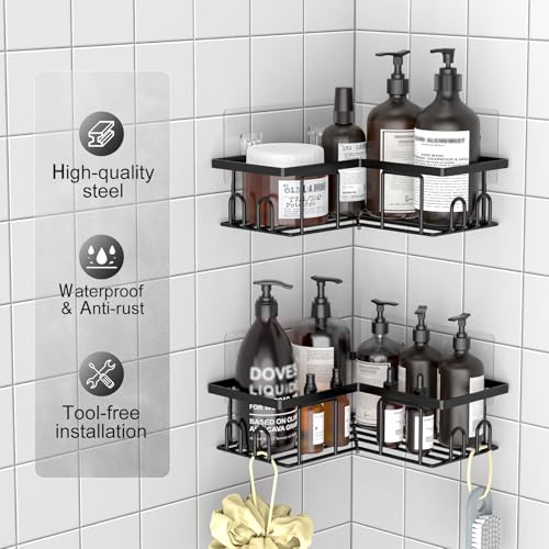 UUlioyer Corner Shower Caddy, Rustproof Bathroom Shelf No Drilling, Bath Storage with Hooks (2-Pack Corner Shower Caddy- Black) - Cosy Home Interiors UUlioyer Corner Shower Caddy, Rustproof Bathroom Shelf No Drilling, Bath Storage with Hooks (2-Pack Corner Shower Caddy- Black) - Image 4