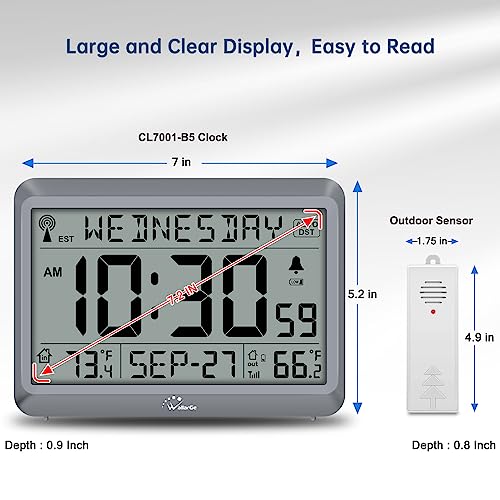 Wallarge CL7001-B5 Atomic Clock With Indoor Outdoor Temperature, Self-Setting Digital Wall Clock Battery Operated thumb #4