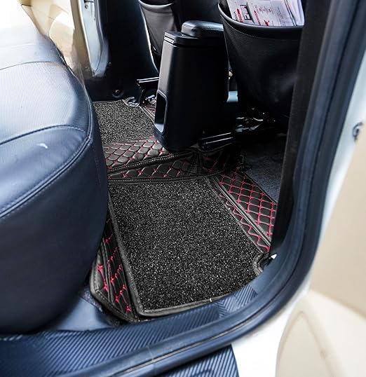 Image of 7D Luxury Car Mats for Mg Hector Plus (7 Seater)| Ultra-Premium PU Leather | Waterproof, Dustproof & Anti-Slip | Custom Fit All-Weather Floor Mats | Color : Black & Red