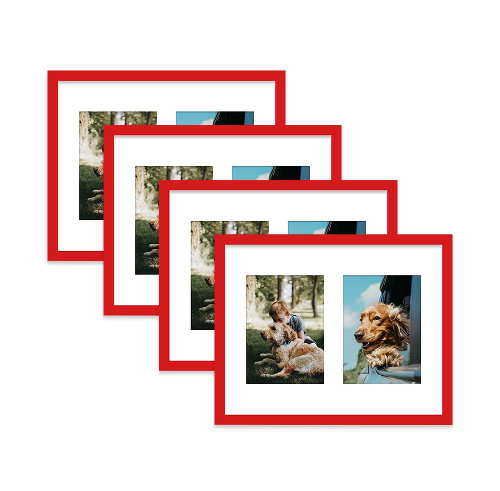 Red Multi Photo Frame - Holds 2 x 7x5 Pictures, Family Collage Picture Frame for Wall Display, 14x11 Frame size, Set of 4