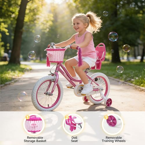 Image of WinHope Girls Bike, 12-18 Inch Children's Bicycle for 2-9 Years Old, Beginner Kids Bike with Training Wheels, Doll Seat & Basket,Streamers for Outdoor Riding, Multiple Colors
