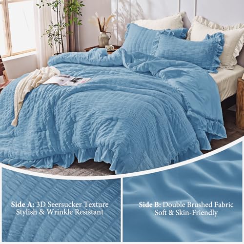 Image of JOLLYVOGUE Twin Size Comforter Set, 2 Pieces Sea Blue Seersucker Lightweight Fluffy Bedding Set, Twin Ruffle Comforter, All Season Soft Microfiber Shabby Chic Bed Set