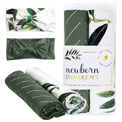 Image of First Landings Newborn Swaddle Set - Baby Swaddles and Matching Headbands for Boys and Girls - Baby Blanket for Newborn Photography, Nursing Covers, Burp Cloths - Olive, 36" x 36" (Set of 2 Each)