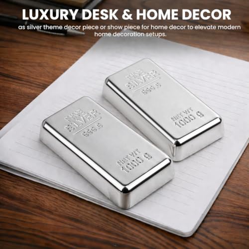 Image of ZAHEPA Realistic Metal Silver Bar Paperweight for Office Table, Fake Silver Biscuit Paper Weight Table Decoration, Prop for Jewellery Shop & Heist Theme, Unique Gift for Home & Office (Pack of 2)