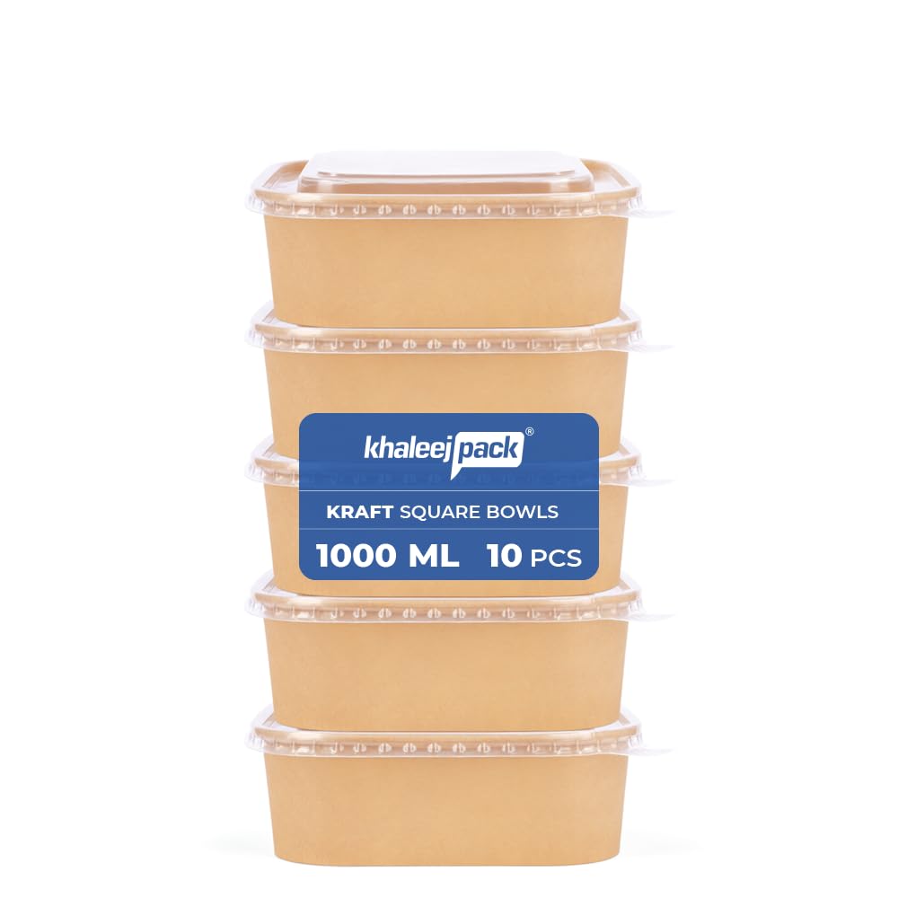 Khaleej Pack Kraft Salad Bowl with Lid [1000ml - 34oz, of 10], Disposable Bowls with Lids,100% Eco-friendly, Biodegradable, Microwave Safe, Heavy Duty, Takeaway Container for Party, Dessert -