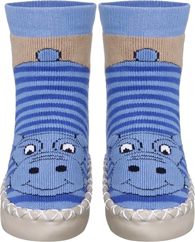 Playshoes Unisex Kinder Hüttenschuhe Hausschuh, Blau Nilpferd, 23/26 EU