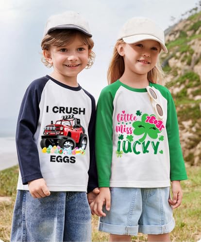 Image of DDSOL Girl Toddler St Patricks Day Shirt Shamrock Clover Bow Cotton Long Sleeve T-Shirt Lucky Girl Irish Tee Top Kid Clothes