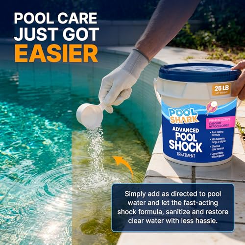 Image of POOL SHARK 68% Calcium Hypochlorite Pool Shock | 25 lb Bucket Chlorine Granules | Pool Shock Treatment for Swimming Pools | Inground & Above Ground Pool Cleaning, Fast-Acting Chlorine Shock