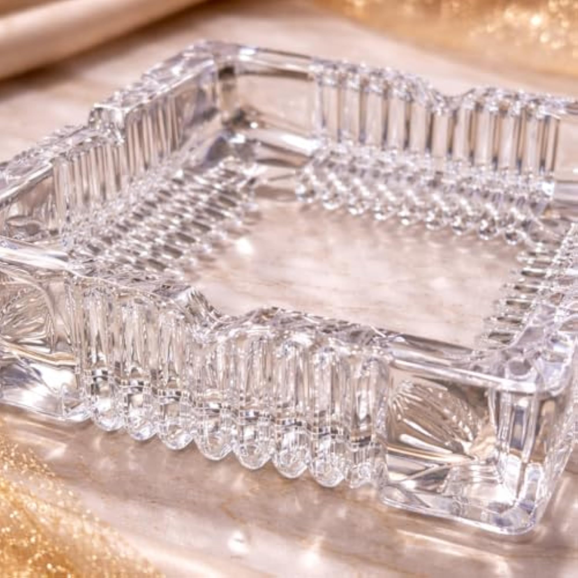 Premium Crystal Glass Ashtray, Square Shape, Decorative Cut Design