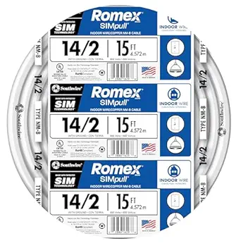 Southwire 28827426 15-Feet 14-Gauge 2 Conductors 14/2 with Ground Type NM-B Romex SIMpull Indoor Building Wire, White Outer Jacket