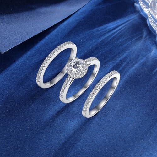 MDFUN Three-in-One Oval Halo Wedding Bands Set Engagement Rings 18K White Gold Plated Cubic Zirconia Promise Eternity Band for Women Size 5-104