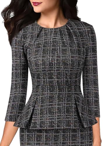 Image of VFSHOW Womens Pleated Crew Neck Peplum Slim Work Business Bodycon Dress | 3 /4 Sleeves, Professional Elegant Church, Funeral, Spring Fall, Fitted Office Pencil Sheath Dress
