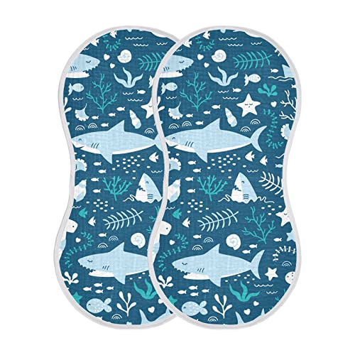 Image of Kigai Cute Sharks and Sea Plants Muslin Baby Burp Cloths, Large Absorbent Cotton Muslin Burp Cloths Set of 1, Washcloths, Face Towel, Bibs for Newborn Boys Girls, 11 x22 Inch