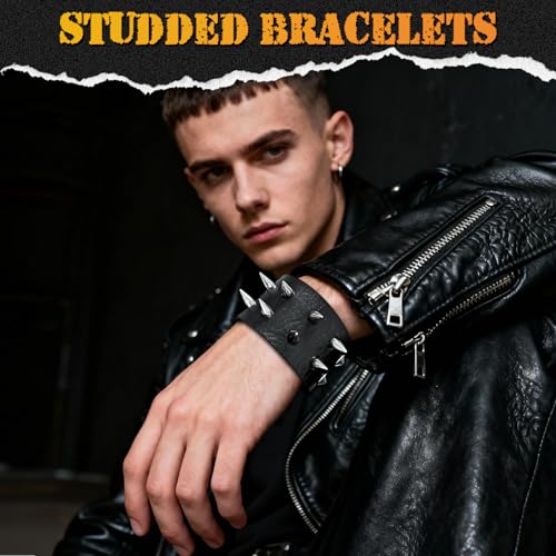 Set de pulseras punk de cuero con tachuelas para hombres y mujeres miniatura 6