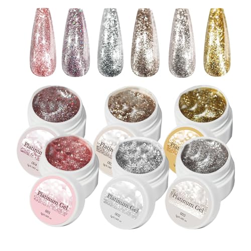 Esmalte De Uñas Brillo Cromo Platino | Kit De 6 Esmaltes Gel Brillantes Color Platino | Decoración Brillante Para Manicura En Casa, Viajes, Estilo Diario y Vacaciones