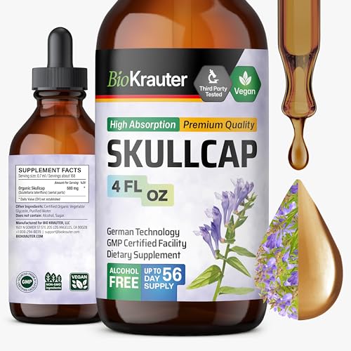 BIO KRAUTER Skullcap Tincture for Calm & Relaxation - Liquid Skullcap Herb 4 Fl.Oz 56 Days of Supply - Pure & Vegan Sleep Supplement - Calm Drops 680 mg per Serving Alcohol & Sugar Free