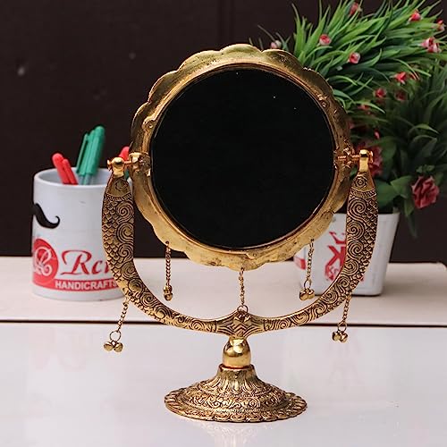 Image of KridayKraft Gold Plated Beautifully Carved Table Mirror for Makeup Metal Salon Mirror Antique Decorative Table Mirror for Decoration & Gifting Purpose, Round, Tabletop