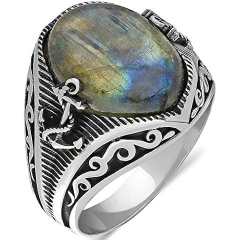 Solid 925 Sterling Silver Anchor Model Labradorite Natural Stone Ivy Engraved Carved Handmade Men's Ring (V) Cover